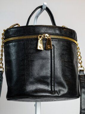 Snob Essentials Black Embossed Crossbody Train Case Bag Gold Hardware